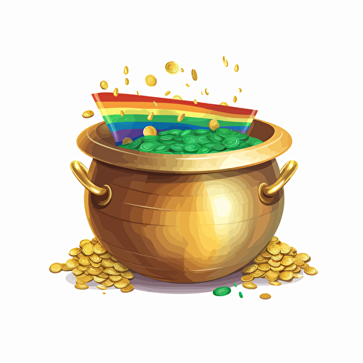 pot of gold, rainbow, detailed, cartoon style, 2d clipart vector, creative and imaginative, hd, white background