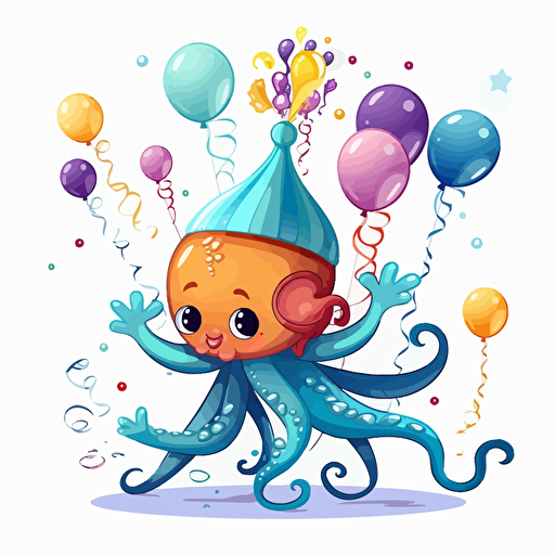 happy birthday cute octopus, detailed, cartoon style, 2d clipart vector, creative and imaginative, floral, hd, white background