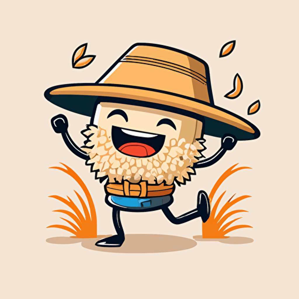 grain of rice dancing, with legs and arms, laughing, with traditionnal asian hat, drawing, vector, sticker