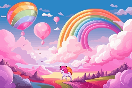 cartoon, anime, vector, Générez une image d'une licorne rose volant dans le ciel, dans un monde imaginaire rempli de bonbons et de couleurs vives. Le paysage doit être un arc-en-ciel coloré et rempli de nuages ​​moelleux. Ajoutez des détails supplémentaires comme des rayures sur la queue de la licorne, des motifs de bonbons sur le paysage.