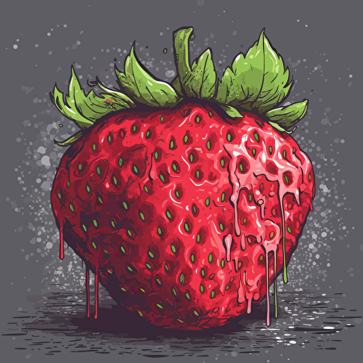 painted delicious strawberry, simple form background, leave a lot of negative space, rough, textured, grainy surface, dusty, vector, desaturated colour drips, graffiti, artificial, highres