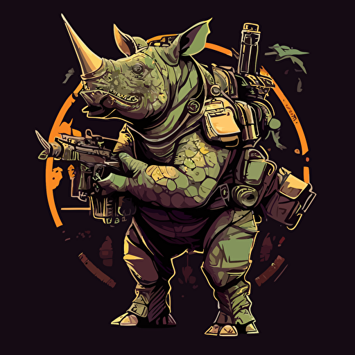 a vector logo design of a rhino with machine gun belts wrapped around his neck, tactical
