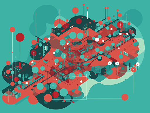 flat vector art, red and teal, AI, topic cluster map,