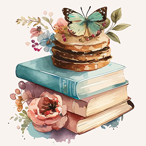 watercolor vector art, pretty books, pastry, joyful, watercolor, butterfly, flowers