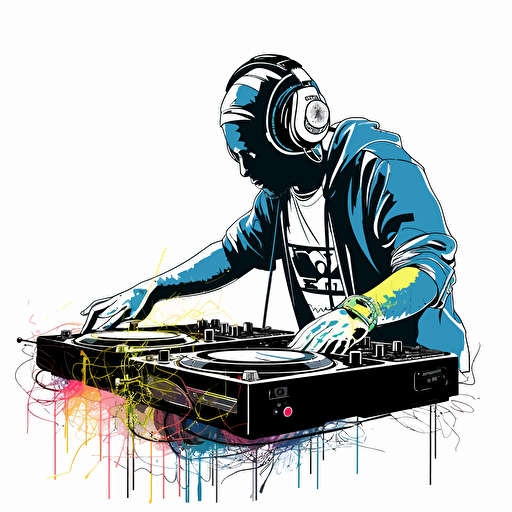 scratch dj with neon mask, 2 technics 1210 turntables and a battle mixer, frank miller stencil, design, 2d, vector, white wall