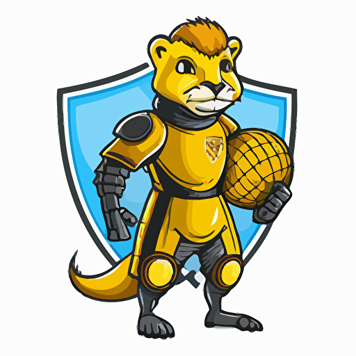 logo, yellow gopher holding a soccerball in a suit of armor, cartoon style, vector, no background