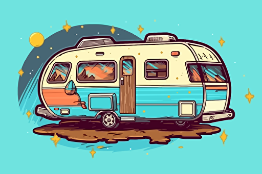 2d illustration, space themed 1970's trailer simple vector colorful sticker