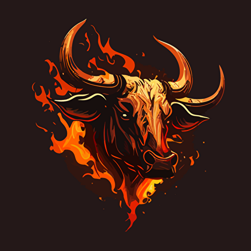 an emblem of a mad bovine on fire, vector, simple