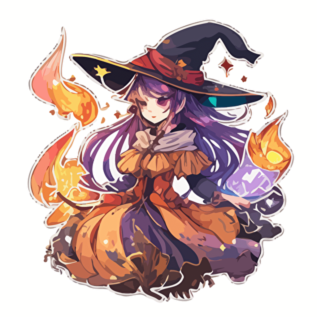 Beautiful Witch using magic, Sticker, Lovely, Satin Colors, Anime, Contour, Vector, White Background, Detailed