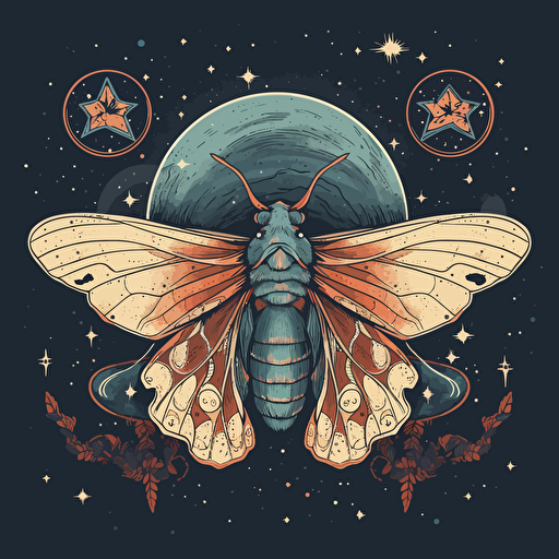 a beautiful moth with a surrounding stars and planets design in detailed drawing style + simple vector + pastel colors on a white background