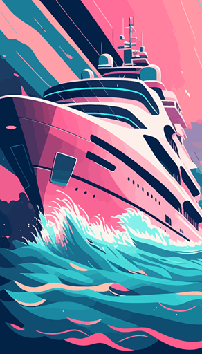 luxury motor yacht on see, off center placement, waves, islands, pink and light blue hues, flat abstract minimalistic vector style, vibrant neon colors, pink, light blue