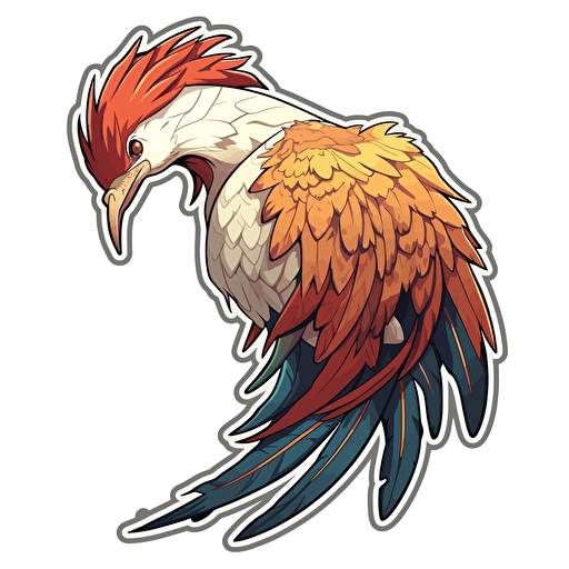 sticker of an anime sleepy phoenix drooping his long neck down, highly detailed, vector art, defined sticker cutout, plain white background, 32k