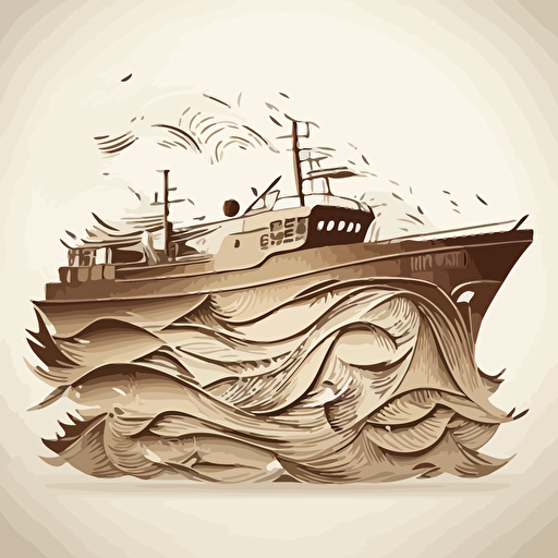 vector style fishingship minimalistic monocrome brown waves