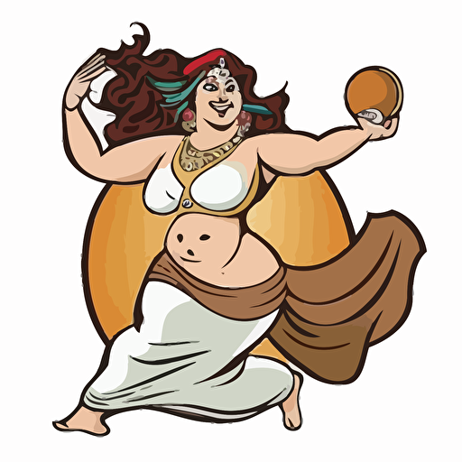 logo,mascot, simplistic, chubby Belly Dancer catching an oblong brown ball, vector, white background