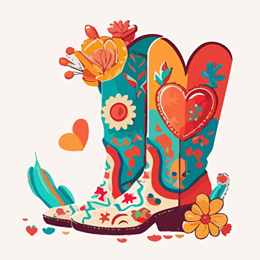 brightly colored cowgirl boots in cartoon style drawing with hearts and flowers on a white background flat vector drawing