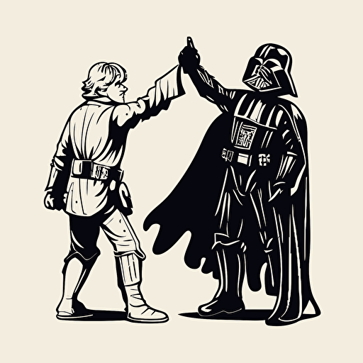 Darth vader and luke skywalker high five, Clipart, Enthusiastic, Primary Color, comic style, Contour, Vector, White Background, Detailed