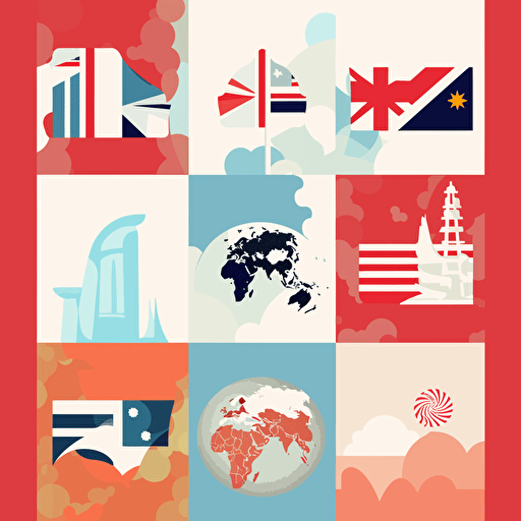collage of 6 countries included EU, US, Australia, Japan, South Korea, Singapore: famous location mark, abstract style, 2D vector