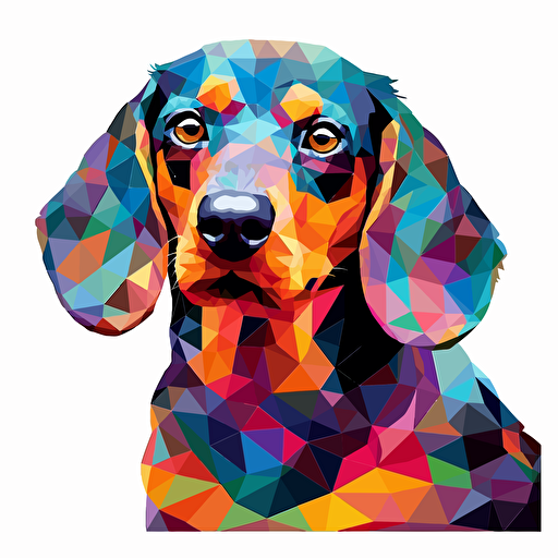 low res, colorful tiled daschund dog, vector art, white background