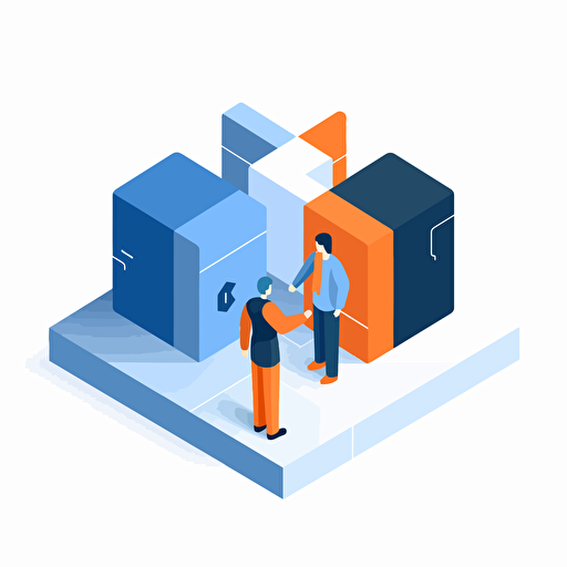 flat vector icon, expert partnerships, blue and orange and white and dark gray, isometric
