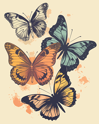 butterflies, retro aesthetics, vector image, sticker design, pantone colors