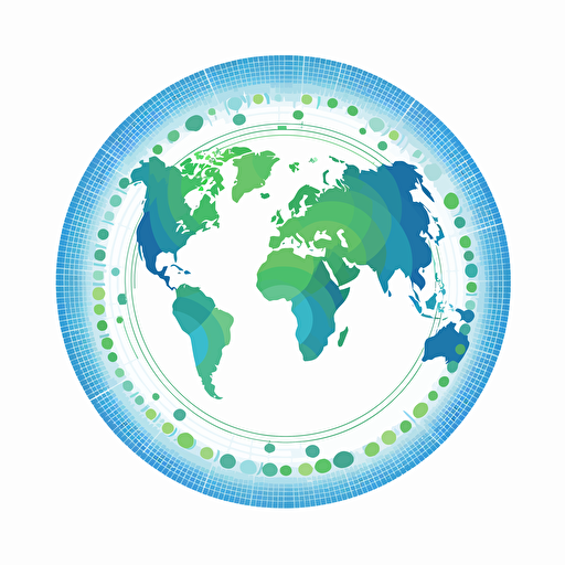 Blue and green world map in circle, trust, reliability, loyalty, growth, harmony, nature, vectorized, illustrator, flat, 2d, white background