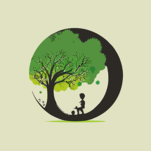 round tree vector icon, vector art, a child is playing under the tree, minimalistic, logo design, no schadows, 2d