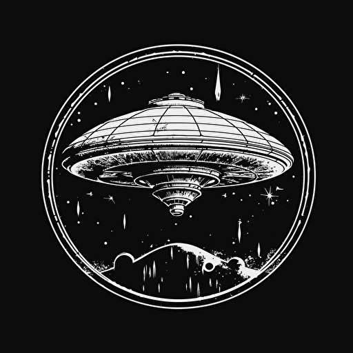 ufo, black and white, no color, heavy shadows, sticker, vector