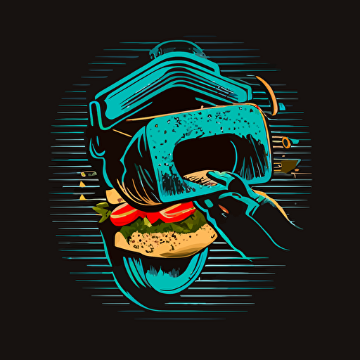 Create a vector logo, inserting a camera of the lips eating a sandwich, haute cuisine, street food, modern cool hold scool