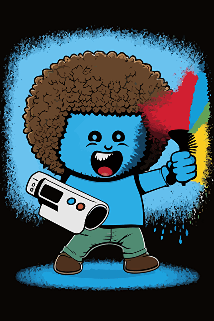 Bob Ross as a robot with a giant paint brush shooting paint, vector art style, vibrant