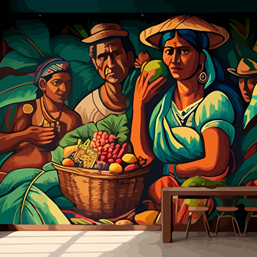 pintura mural, con campesinos amazonicos nativos cosechando uva , en vectores , luz suave ,