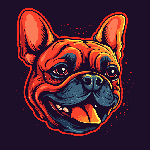 A vector logo of a french bulldog smiling, tongue out for a dog grooming business, happy, simple, memorable, invoking excitement, lively, imaginative, friendly, playful, red, yellow, orange