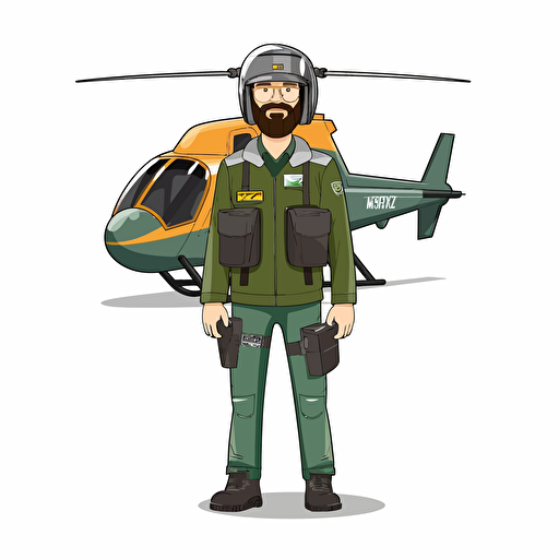 wearing sunglases. man with beard in a helicopter uniform and wearing a helmet standing in front of a green helicopter. vector. white background. no background