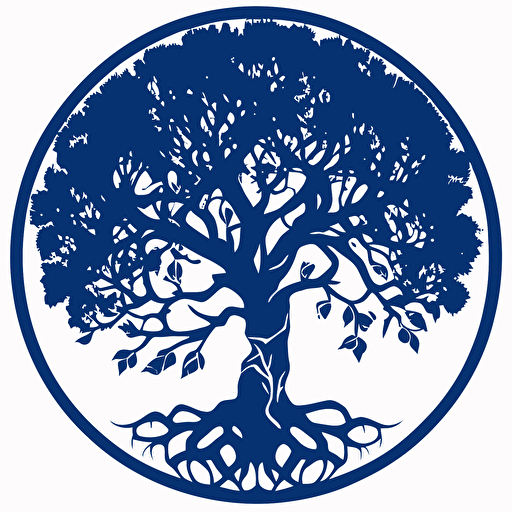 a royal blue bitmap vector silhouette of a tree of life within a circle, with 7 simple roots, simplified forms for use as a logo