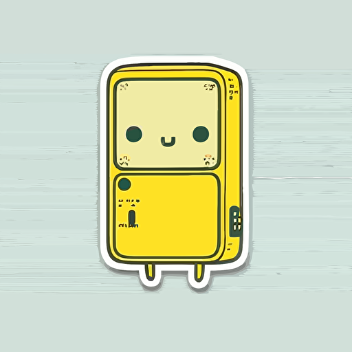 vector sticker design, long rectangle border, simple kawaii cute design, a small cute robot head in lower right hand corner of sticker, pastel yellow toning