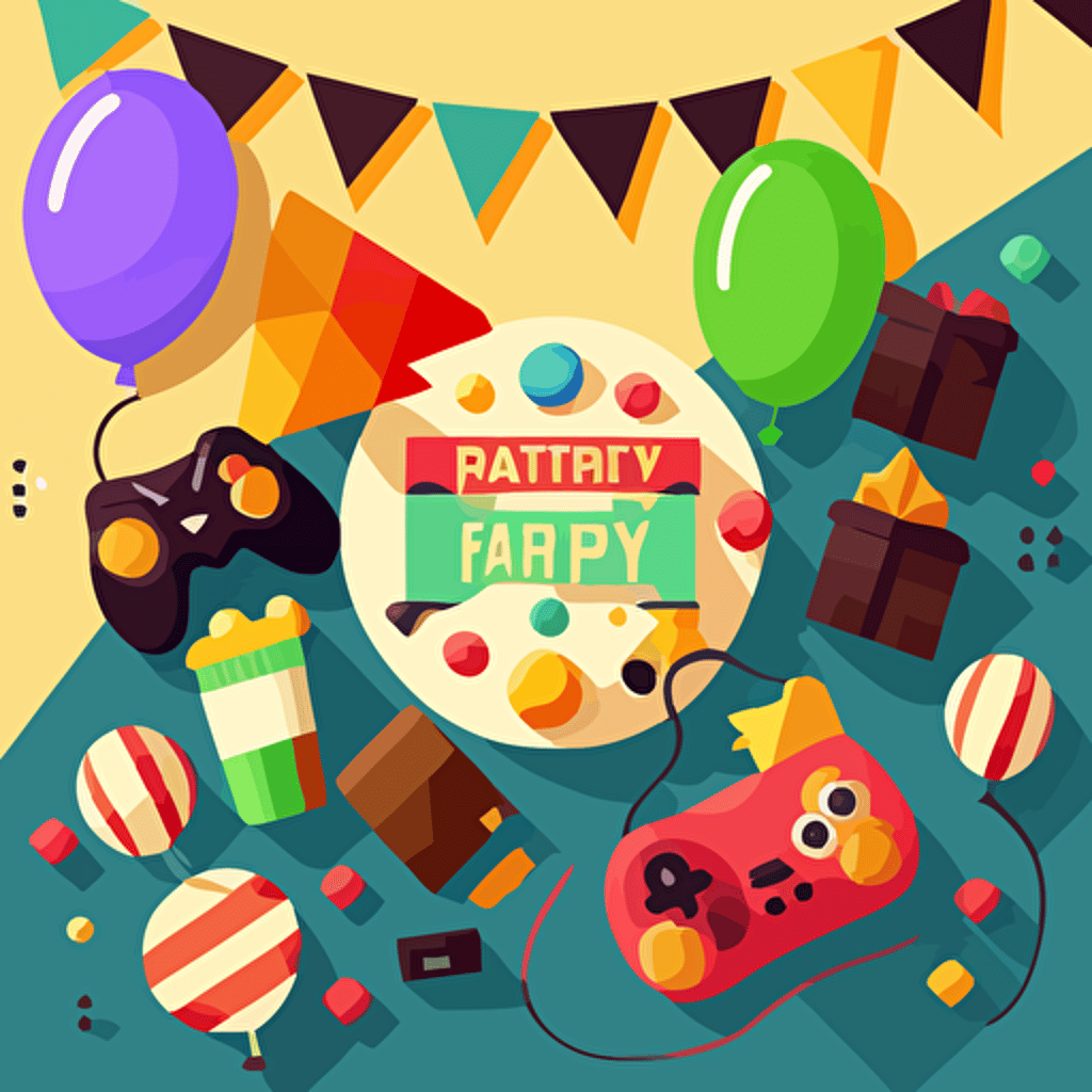 happy birthday mixed with gaming, balloons, cakes and gaming stuff, vector gaphics, flat background ar