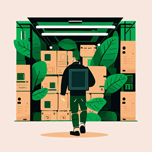 detailed flat vector illustration of a man carrying a large black box inside a warehouse store setting. Large black boxes, small green label, no brown cardboard
