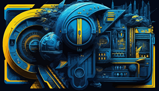 cyberpunk industrial assemblages, bright blue and yellow, vector art
