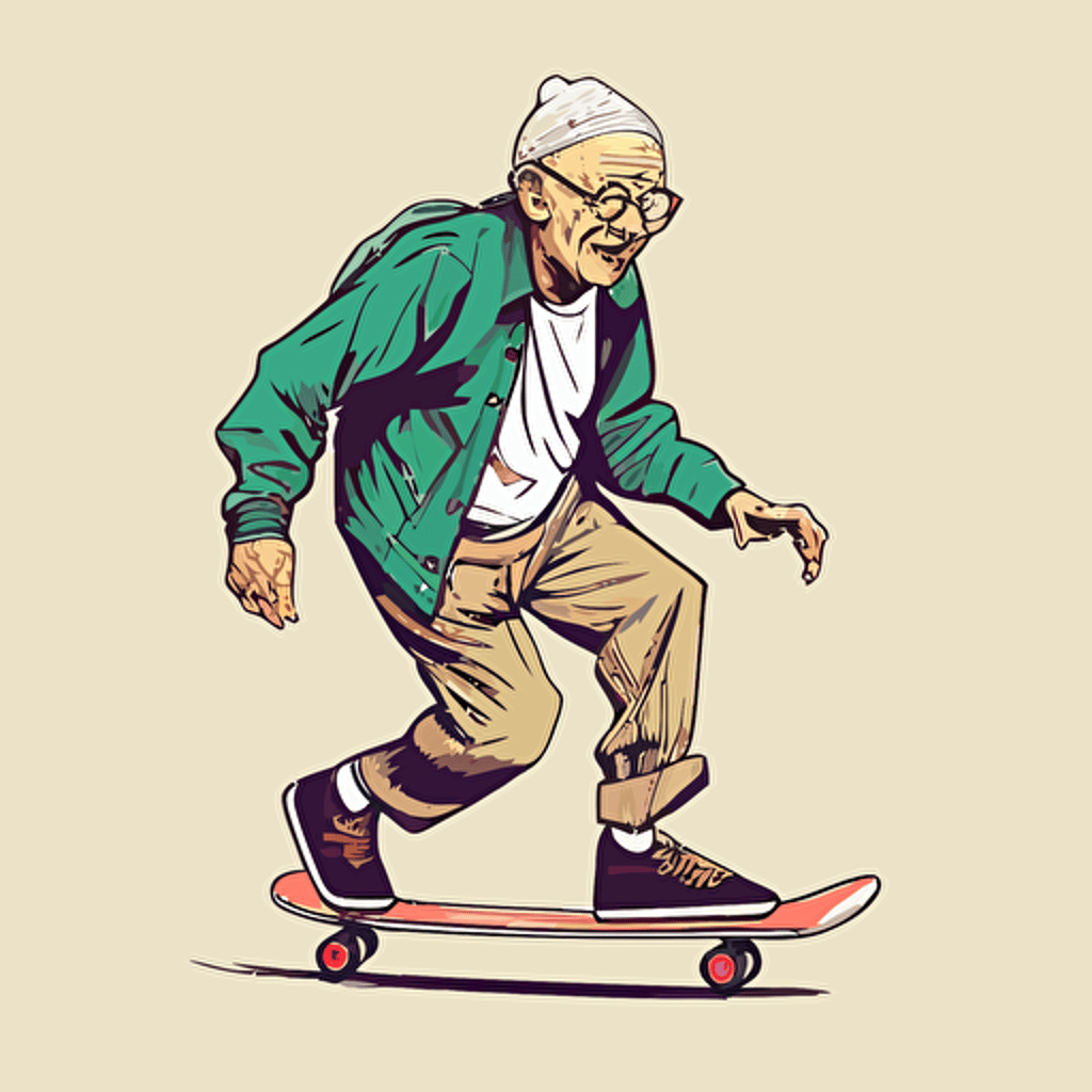 elderly Asian man on a skateboard, wearing trendy skater clothes, vector art