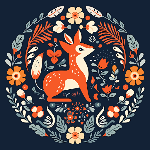 Scandinavian folk elements of hares, foxes, flowers, leaves, birds, round image, flat vector style