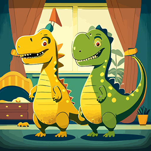 two male cartoon yellow dinosaurs, funny, smiling, standing in a girls bedroom, ar 2:3, vector
