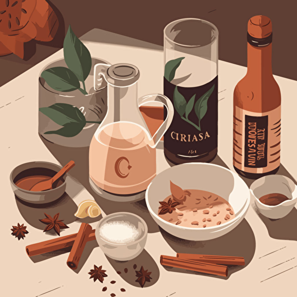 Flat Vector Illustration of ingredients used to make Indian Masala Tea. Mood is a Parisian Table setting, Style of Malika Favre. Use only 3 Colours. Strong Light and Shadow. Style of Maite Franchi