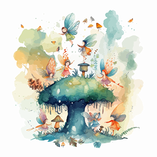 amazing watercolor design of fairies flying around an enchanted forest, cute, whimsical, for kids, detailed, vector