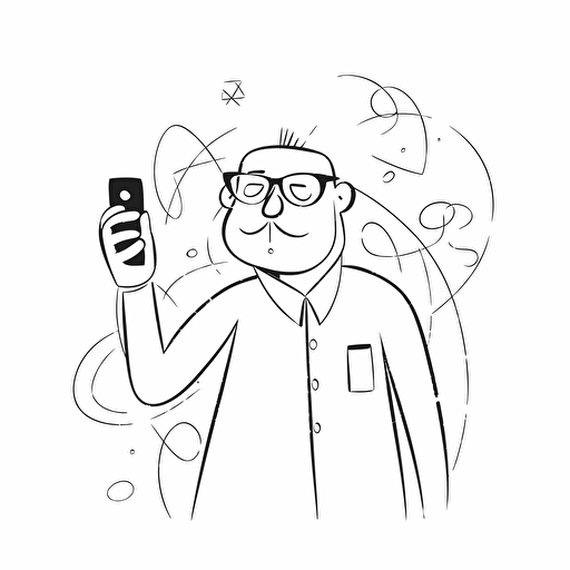 Man with smartphone, white background, line drawing illustration, vector, simple, minimalist, whimsical and lively, cartoon mis-en-scene