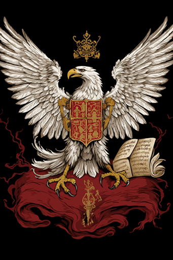 In this remarkable vector image, the majestic Polish White Eagle, adorned with a golden crown on its head and golden talons, is depicted soaring triumphantly as it descends to grasp a large ancient book with its powerful talons. The artwork captures a moment of victory and wisdom, symbolizing the rich history and cultural heritage of Poland. White background, red and golden accents, detailed, modern