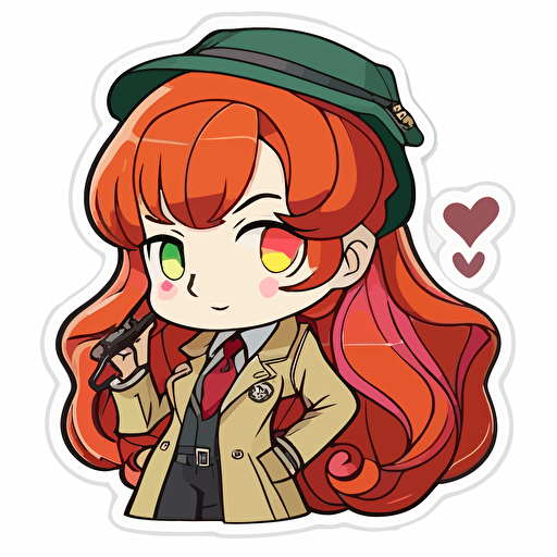 sticker, Happy Colorful female Sherlock Holmes with long red hair, kawaii, contour, vector, white background