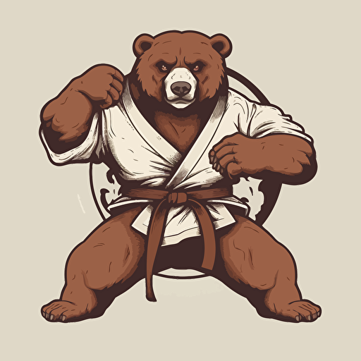 2d vector art, brown bear fighting jiu-jitsu, black belt, minimalist logo
