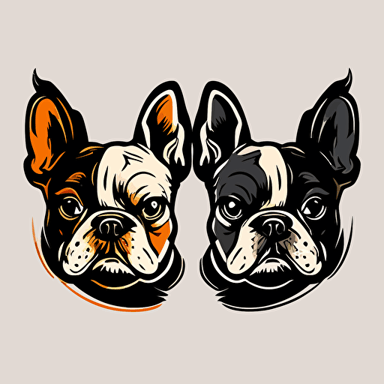 dark french bulldog and english bulldog head, cartoon eyes, vector logo, vector art, emblem, simple, cartoon, 2d