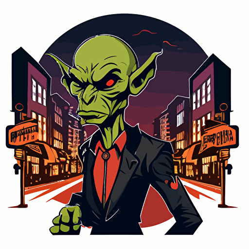 Goblin working as a bouncer in front of a night club in the bad part of city, vector logo, vector art, emblem, simple cartoon, 2d, no text, white background