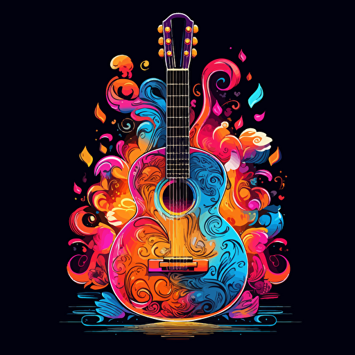 acoustic guitar, surrounded by elegant musical motifs, 2d vector, neon colours, epic composition, vector design on the edges of the image