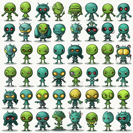 906 poses for a video game sprite sheet, no background, brand new aliens by DJ SHADOWMIND, vector art,